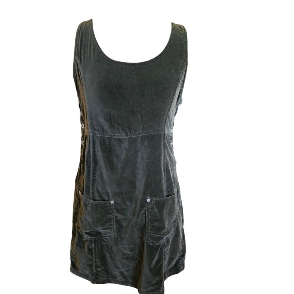 Vintage 90s Womens S/M Pinafore Layering Dressโ Velvet Dark Green Pockets